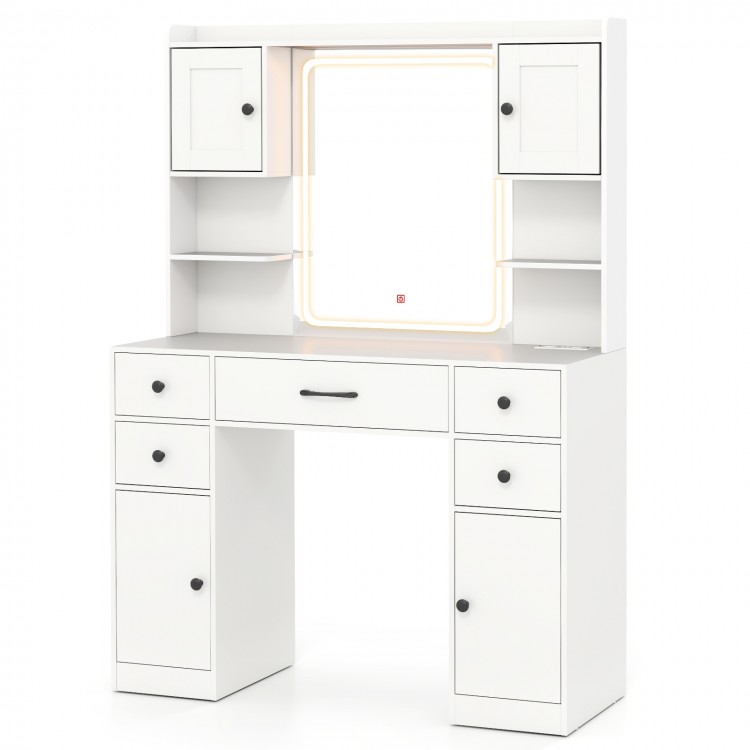 Makeup vanity desk in white with a sleek design, featuring multiple storage options and a stylish lighted mirror.