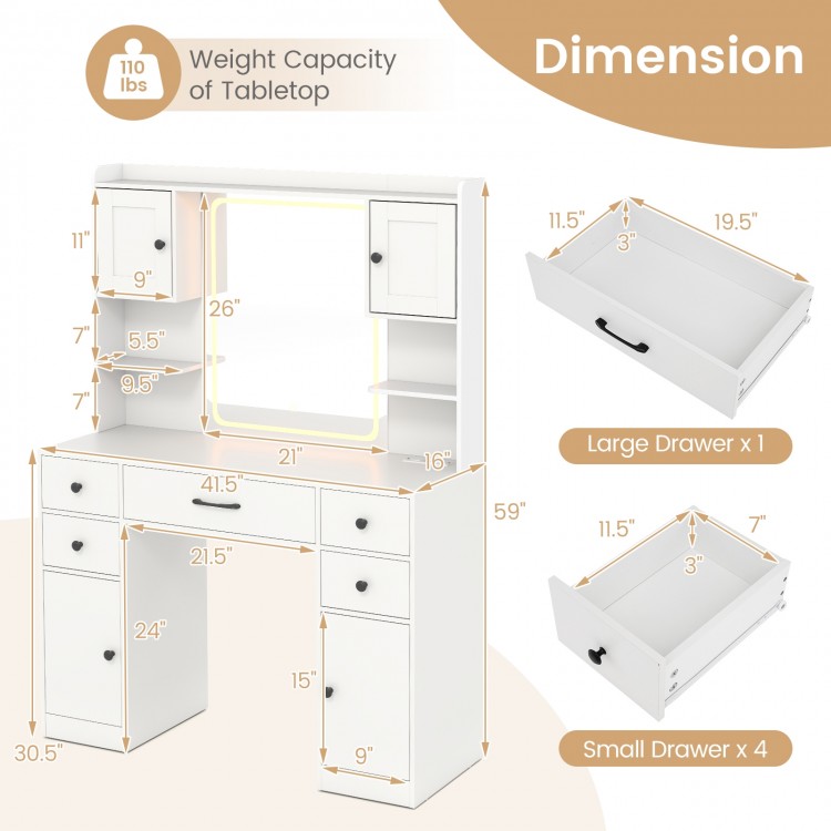 Makeup vanity desk in white with lighted mirror, adjustable shelves, and large storage capacity for organized beauty.