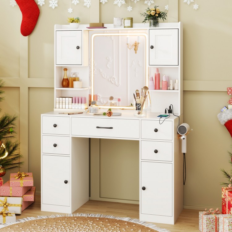 Makeup vanity desk in white featuring a lighted mirror, storage drawers, and adjustable shelves for organized beauty.