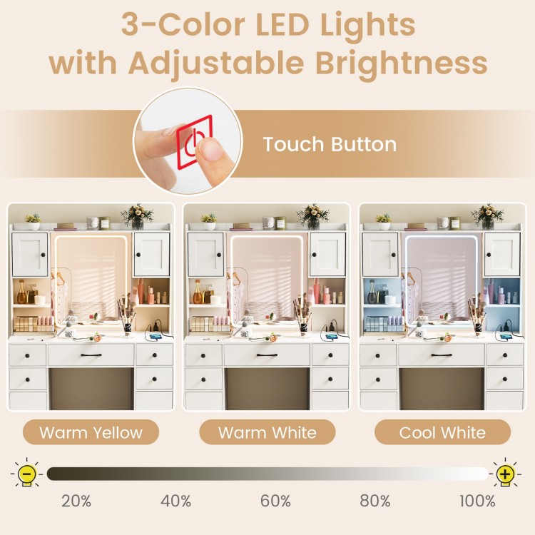 Makeup vanity desk featuring a lighted mirror with 3-color LED lights and adjustable brightness for versatile lighting.