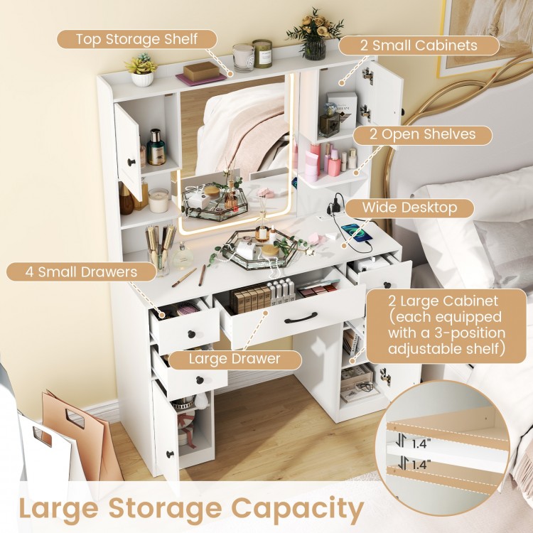 Makeup vanity desk in white with lighted mirror, large storage, and adjustable shelves for organized beauty essentials.
