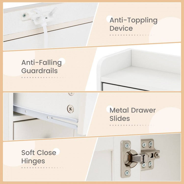 Detail of the makeup vanity desk showing anti-toppling device, anti-falling guardrails, and soft close hinges.