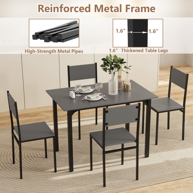 5-piece grey dining table set with ergonomic chairs, featuring a sturdy metal frame for versatile use in any home.