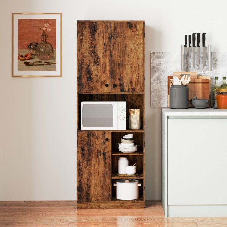 Rustic brown kitchen pantry storage cabinet with microwave stand, featuring open shelves and a single-door cabinet for.