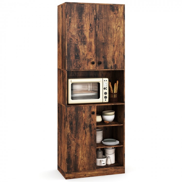 Rustic brown kitchen pantry storage cabinet with microwave stand, single-door for tall items and raised base for.