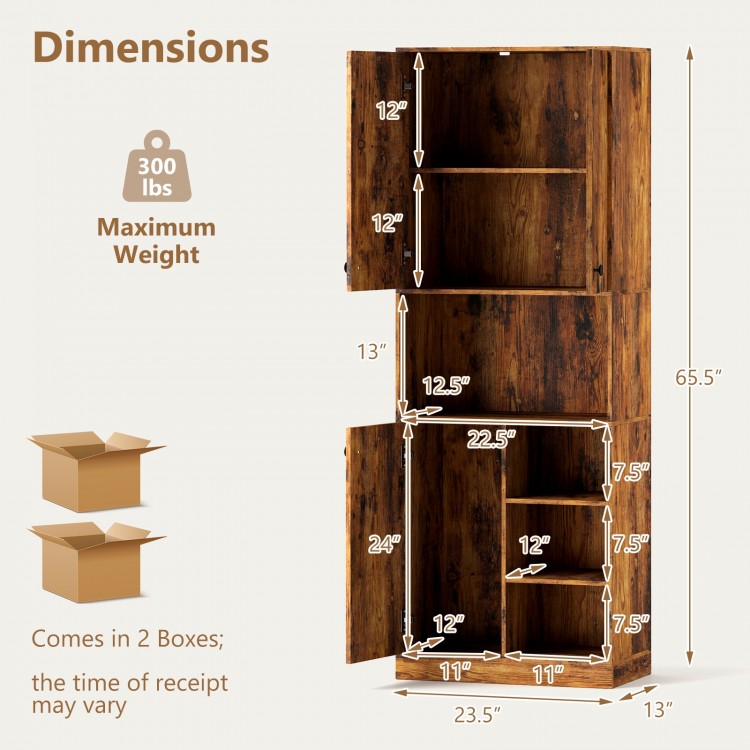 Dimensions of rustic brown kitchen pantry storage cabinet with microwave stand, showing height of 65.5 inches and width.