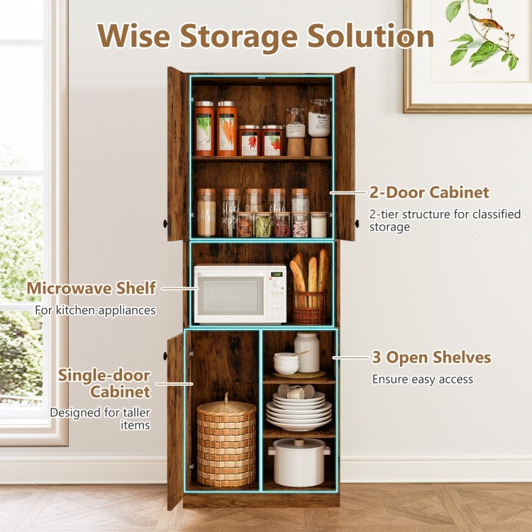 Rustic brown kitchen pantry storage cabinet with microwave stand, 2-door design, and 3 open shelves for easy access.