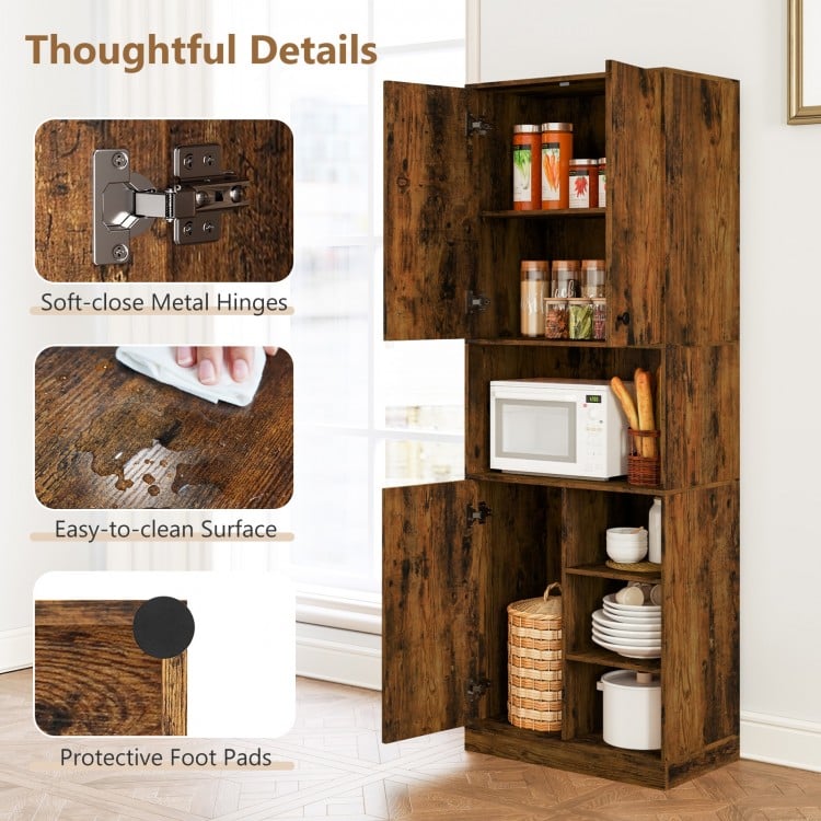 Kitchen pantry storage cabinet in rustic brown with a microwave stand, open shelves, and easy-to-clean surface for.