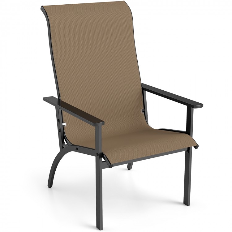 High-back outdoor Adirondack chair with metal frame in coffee color, featuring breathable fabric and ergonomic design.