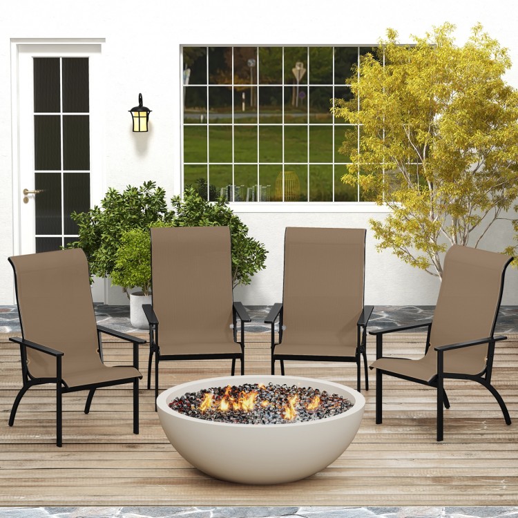 Outdoor Adirondack chairs with high backs and metal frames, perfect for patio relaxation and durable in various weather.