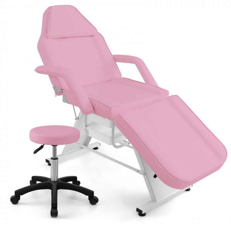 Pink massage bed with hydraulic stool, featuring adjustable backrest and legrest, removable headrest, and storage boxes.