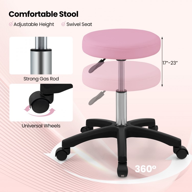 Pink adjustable stool with a 360° swivel seat and strong gas rod, perfect for massage therapy and beauty treatments.