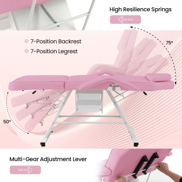 Pink massage bed featuring a 7-position backrest and legrest, with removable headrest and storage boxes for convenience.