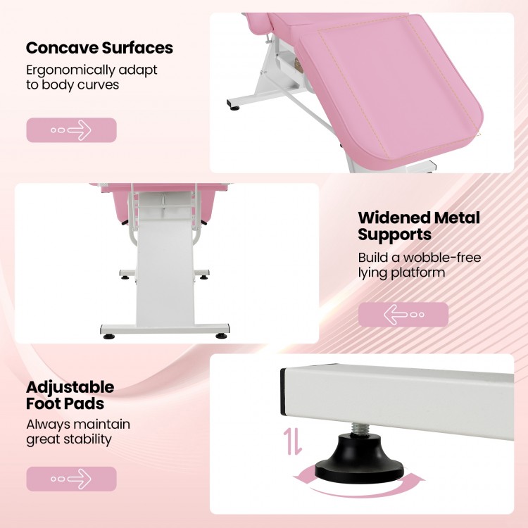 Concave surfaces and widened metal supports of the pink 72-inch massage bed ensure ergonomic comfort and stability.