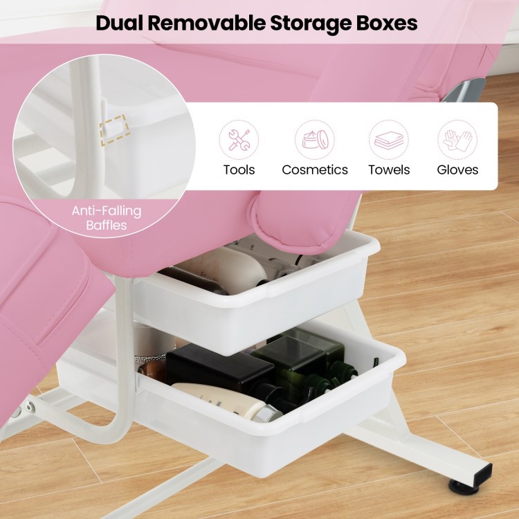 Dual removable storage boxes for tools and cosmetics on a pink 72-inch massage bed with hydraulic stool.