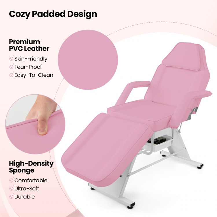 Pink massage bed featuring premium PVC leather, high-density sponge, and adjustable backrest for versatile comfort.