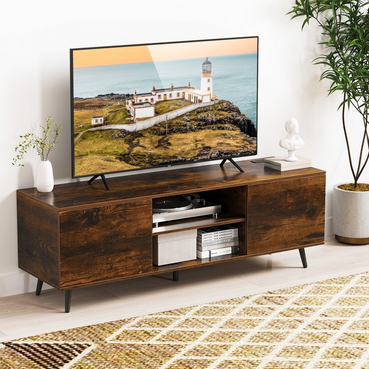 Rustic brown TV stand with adjustable shelf, AC outlets, and USB ports, designed for 60-inch TVs in a modern living.