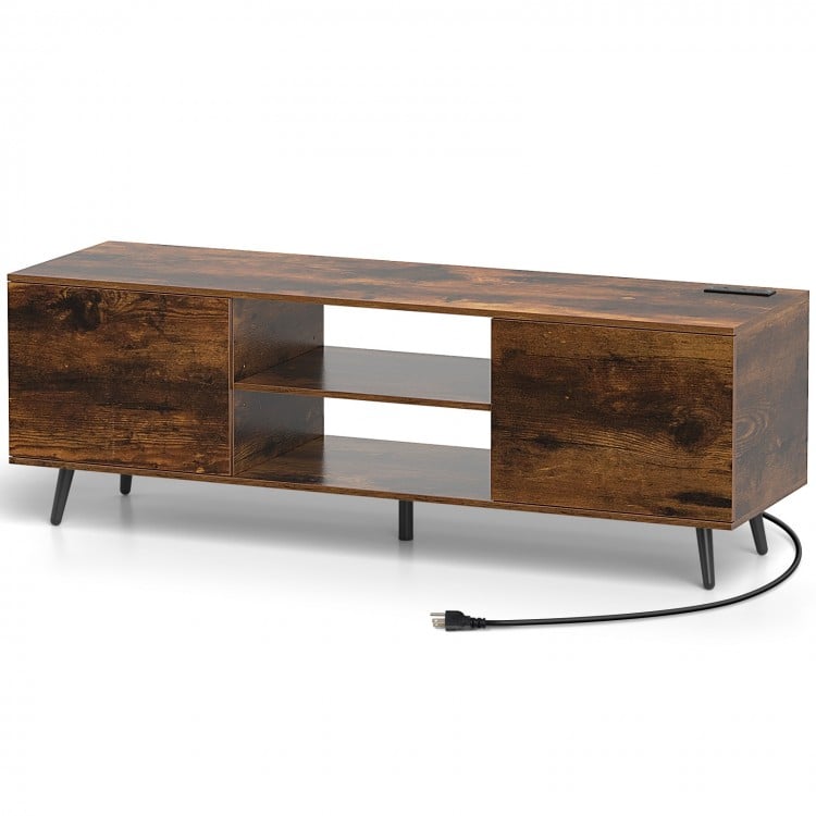 Rustic brown TV stand with power outlets, adjustable shelf, and cable management for TVs up to 60 inches.