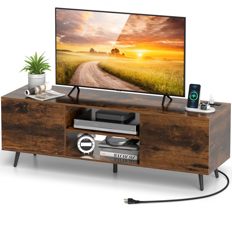 Rustic brown TV stand with power outlets, adjustable shelf, and storage for media supplies, ideal for 60-inch TVs.
