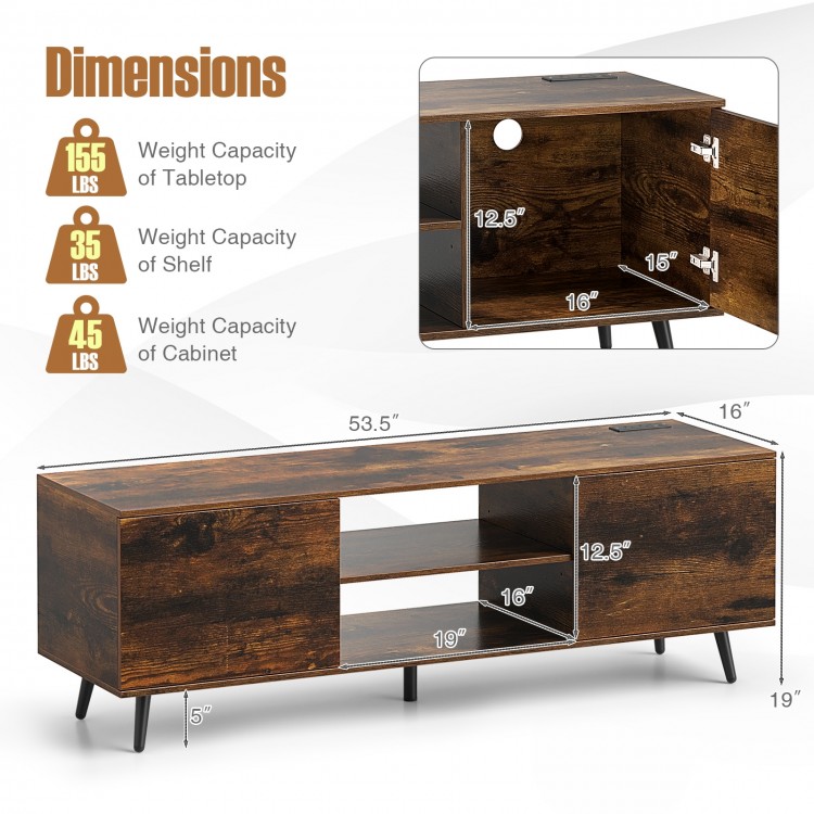 Dimensions of the rustic brown TV stand with adjustable shelf, featuring 2 cabinets and power outlets for media storage.