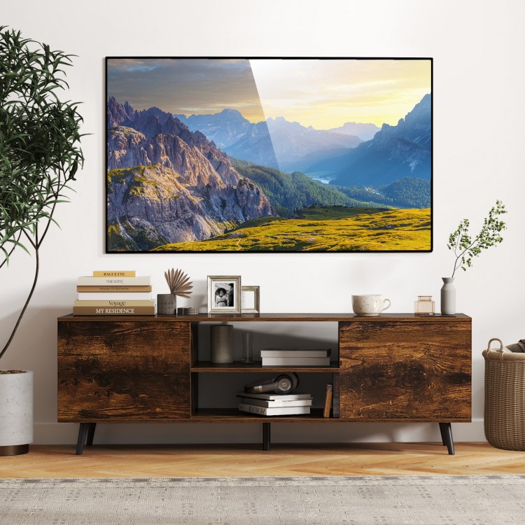 Rustic brown TV stand with adjustable shelf, power outlets, and open storage for TVs up to 60 inches, ideal for media.