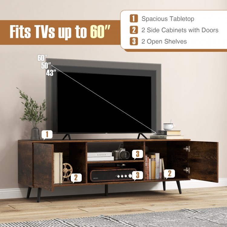 Rustic brown TV stand with spacious tabletop, 2 cabinets, 2 open shelves, and power outlets for 60-inch TVs.