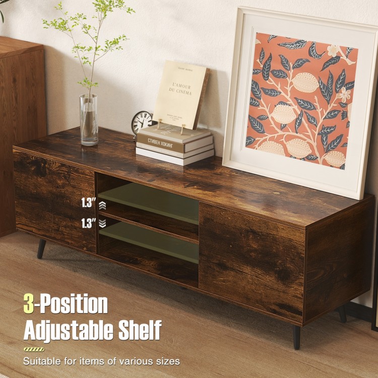 TV stand in rustic brown with adjustable shelf, 2 open shelves, and power outlets for convenient media storage.