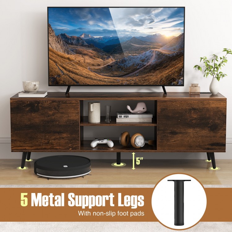 Rustic brown TV stand with 5 metal support legs, adjustable shelf, and power outlets for 60-inch TVs, ideal for media.