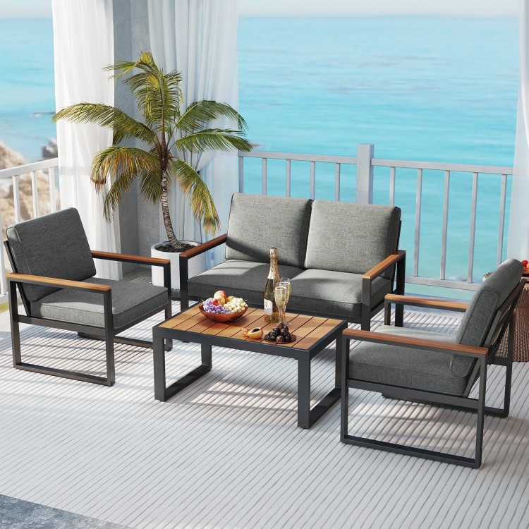 Modern patio aluminum sofa set with grey cushions and wood-plastic armrests, perfect for balcony or outdoor relaxation.