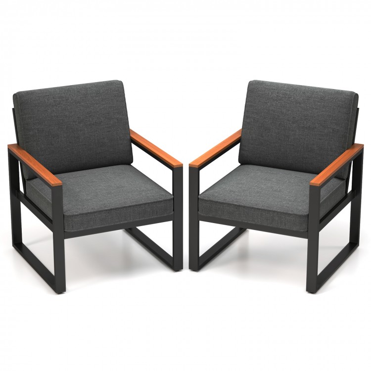 Two modern patio armchairs in grey with aluminum frames and wood-plastic armrests, ideal for balcony relaxation.