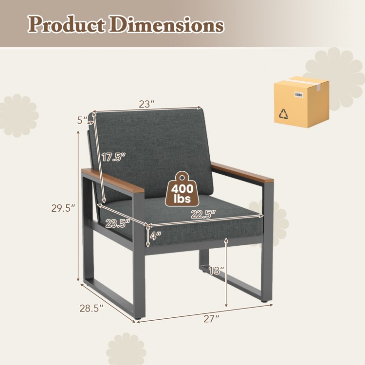 Dimensions of a grey patio armchair with aluminum frame, supporting 400 lbs, ideal for balcony or outdoor use.