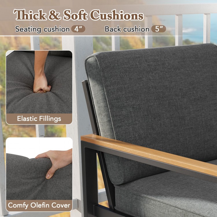 Thick grey cushions with elastic fillings on a modern aluminum armchair, perfect for patio or balcony relaxation.