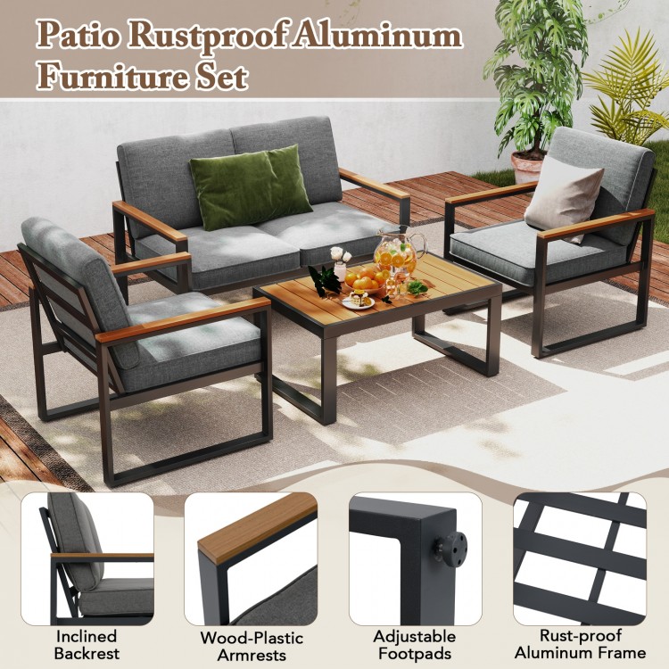 Patio aluminum sofa set with grey cushions and wood-plastic armrests, perfect for balcony or outdoor relaxation.