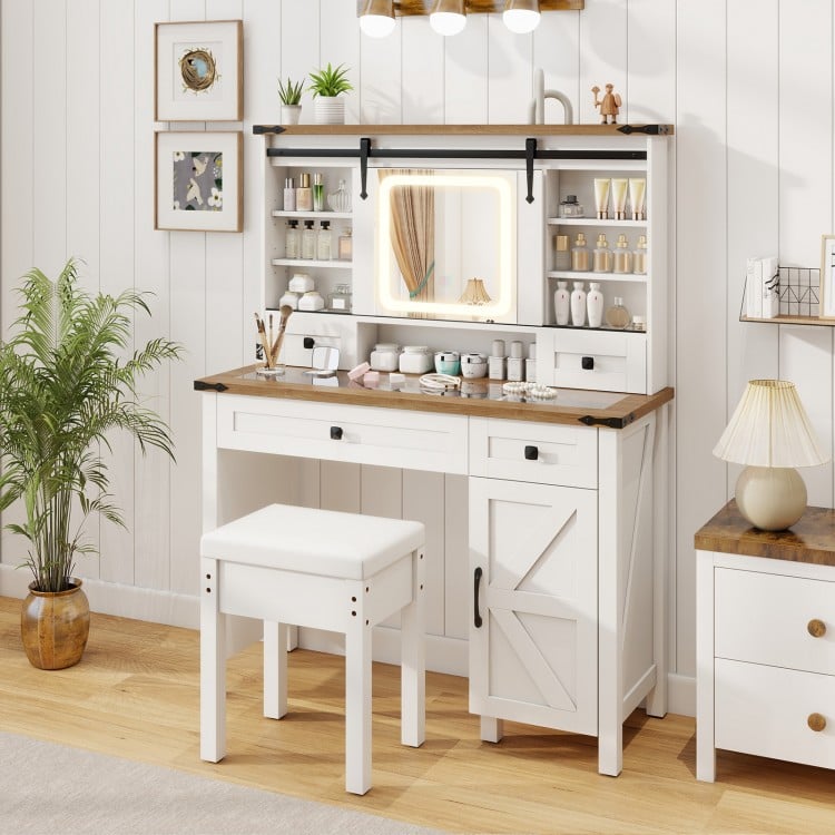 Makeup vanity desk in white with mirror, 3-color LED lights, matching stool, and adjustable shelves for organized.