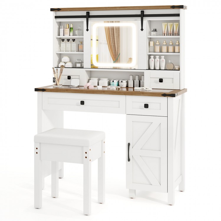 Makeup vanity desk in white with LED mirror, 6 shelves, 4 drawers, and matching stool for organized beauty essentials.