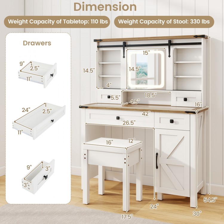 Makeup vanity desk with mirror and LED lights, featuring 4 drawers, adjustable shelves, and a matching stool in white.