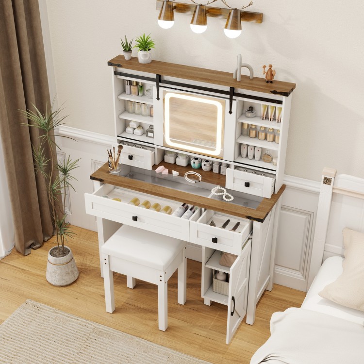 Makeup vanity desk in white with LED mirror, 6 shelves, 4 drawers, and matching stool for stylish organization.