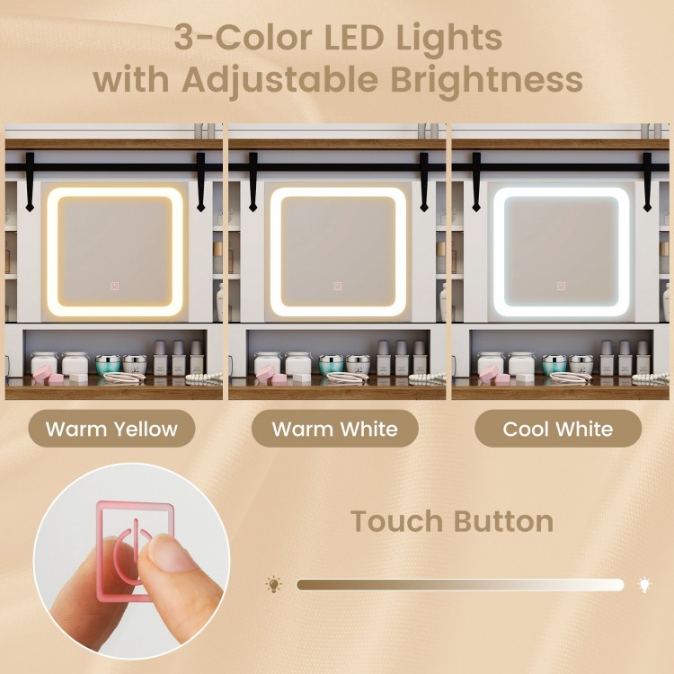 Makeup vanity desk with a mirror featuring 3-color dimmable LED lights and adjustable brightness for versatile lighting.