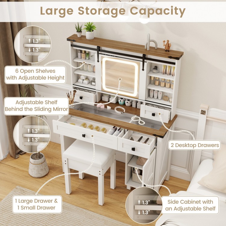 Makeup vanity desk in white with LED mirror, 6 adjustable shelves, 4 drawers, and matching stool for stylish.