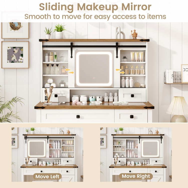 Sliding makeup mirror with LED lights on a vanity desk, featuring adjustable shelves and hidden storage for easy access.