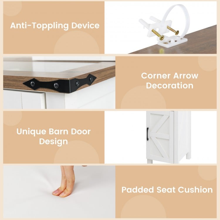 Makeup vanity desk with mirror, padded seat cushion, and anti-toppling device for secure wall mounting.