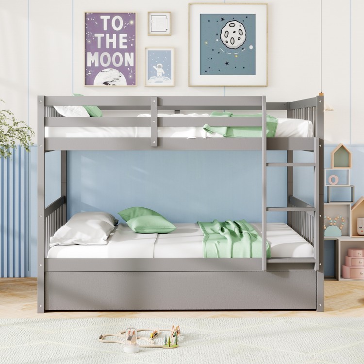 Full over full gray bunk bed with ladder and trundle, featuring sturdy pine wood frame and modern design for children's.