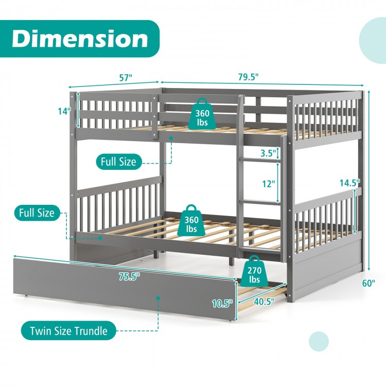 Full over Full Bunk Bed in gray with dimensions, sturdy pine wood frame, and trundle for extra storage in compact.