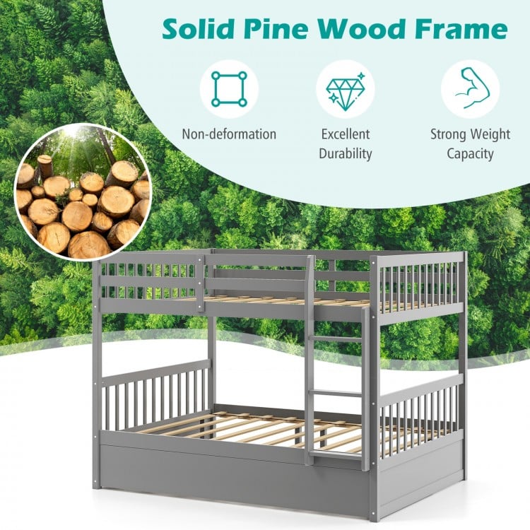 Full over full gray bunk bed with solid pine wood frame, sturdy ladder, and high guardrails for children's safety.
