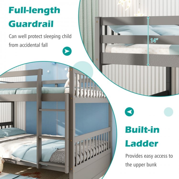 Full over full bunk bed in gray with built-in ladder and guardrails, perfect for children's rooms and compact spaces.