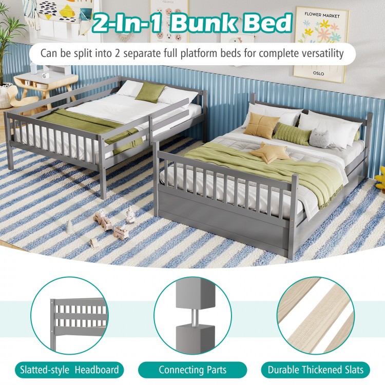 Gray 2-in-1 full over full bunk bed with slatted headboard, sturdy ladder, and thickened slats for children's rooms.