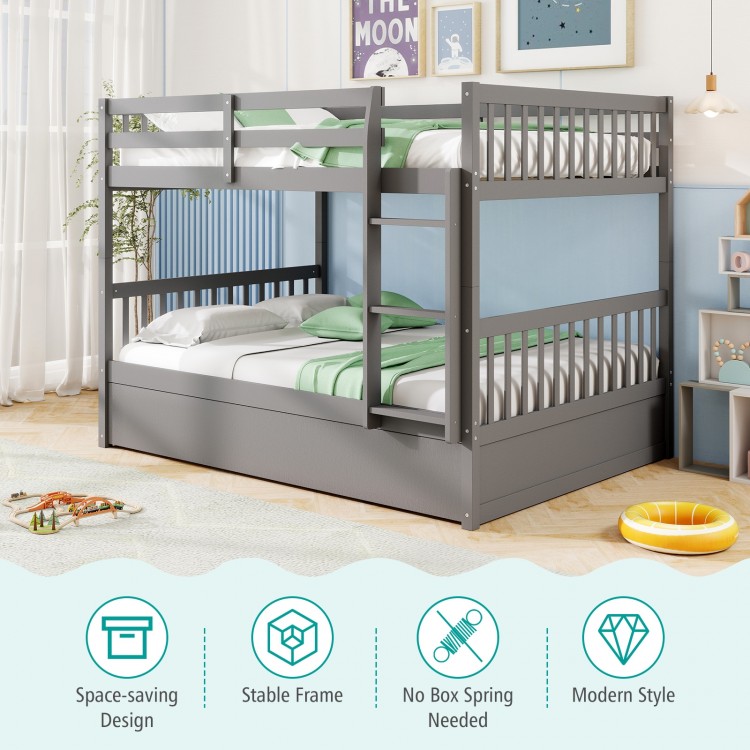 Full over full gray bunk bed with ladder, durable pine wood frame, space-saving design, ideal for children's rooms.