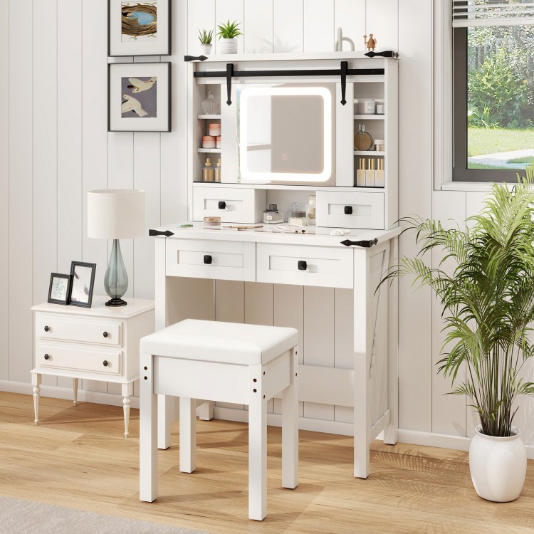 Makeup vanity desk in white with LED mirror, adjustable storage shelves, and matching stool for stylish organization.