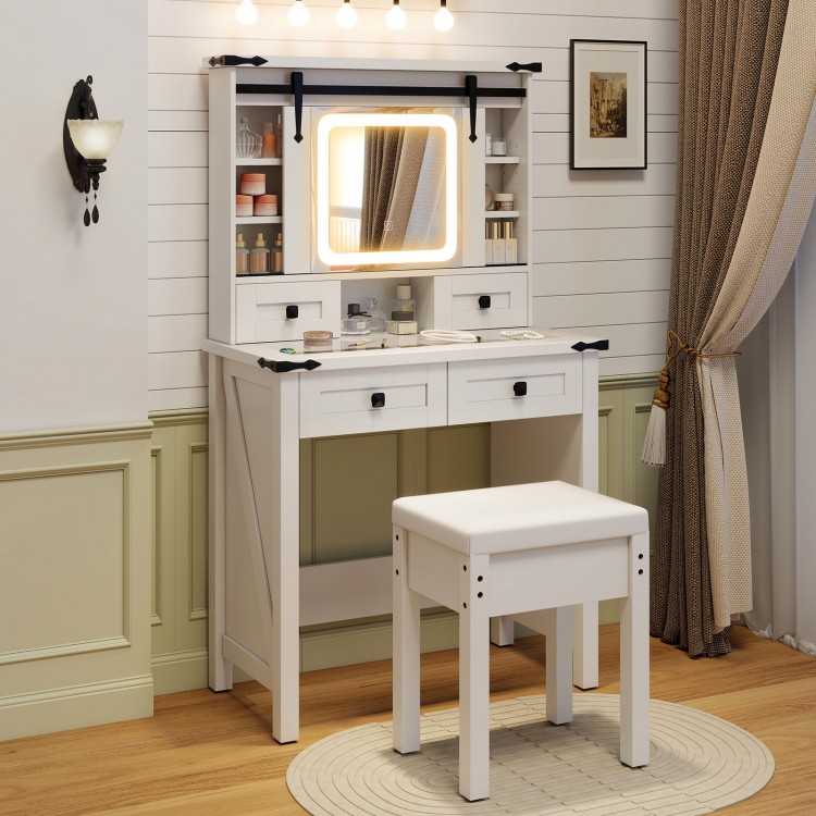 Makeup vanity desk in white with LED mirror, adjustable shelves, and matching stool for stylish beauty organization.