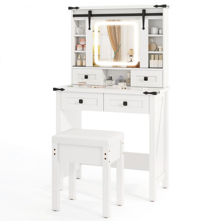 Makeup vanity desk in white with LED mirror, adjustable shelves, and matching stool for stylish storage and.